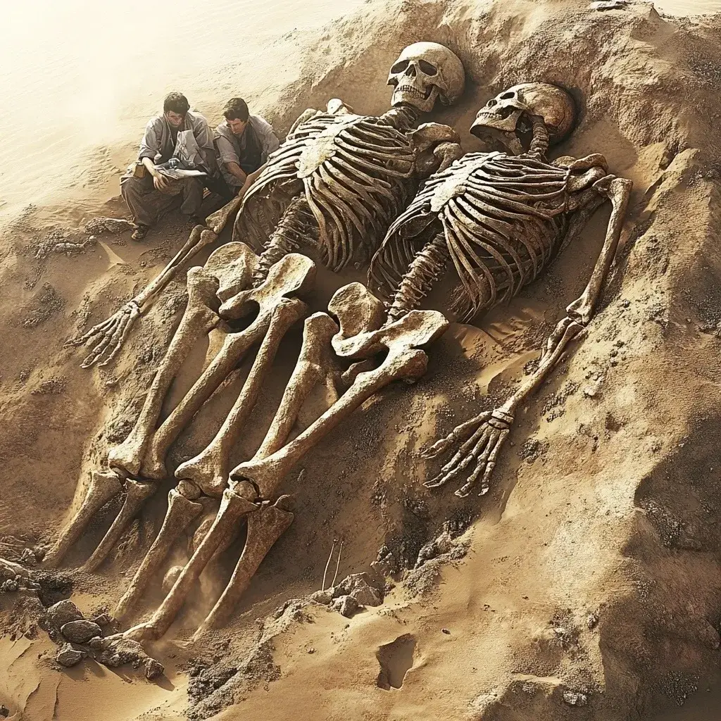 Ancient excavation site in Egypt revealing two mᴀssive 9-meter-tall human-like skeletons surrounded by giant artefacts and desert sands. 