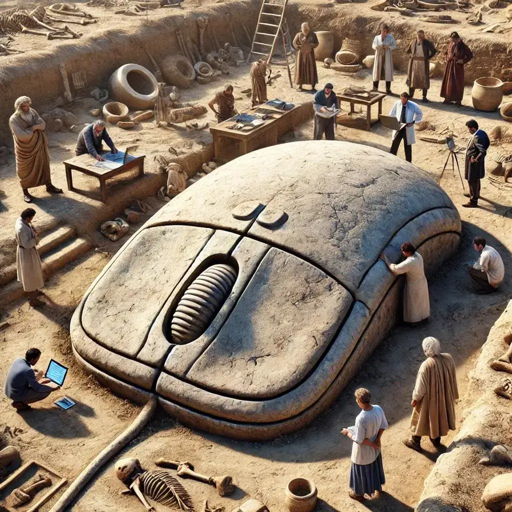 Ancient giant computer mouse found in Goliath's tomb, challenging history and sparking debate on lost advanced civilizations.