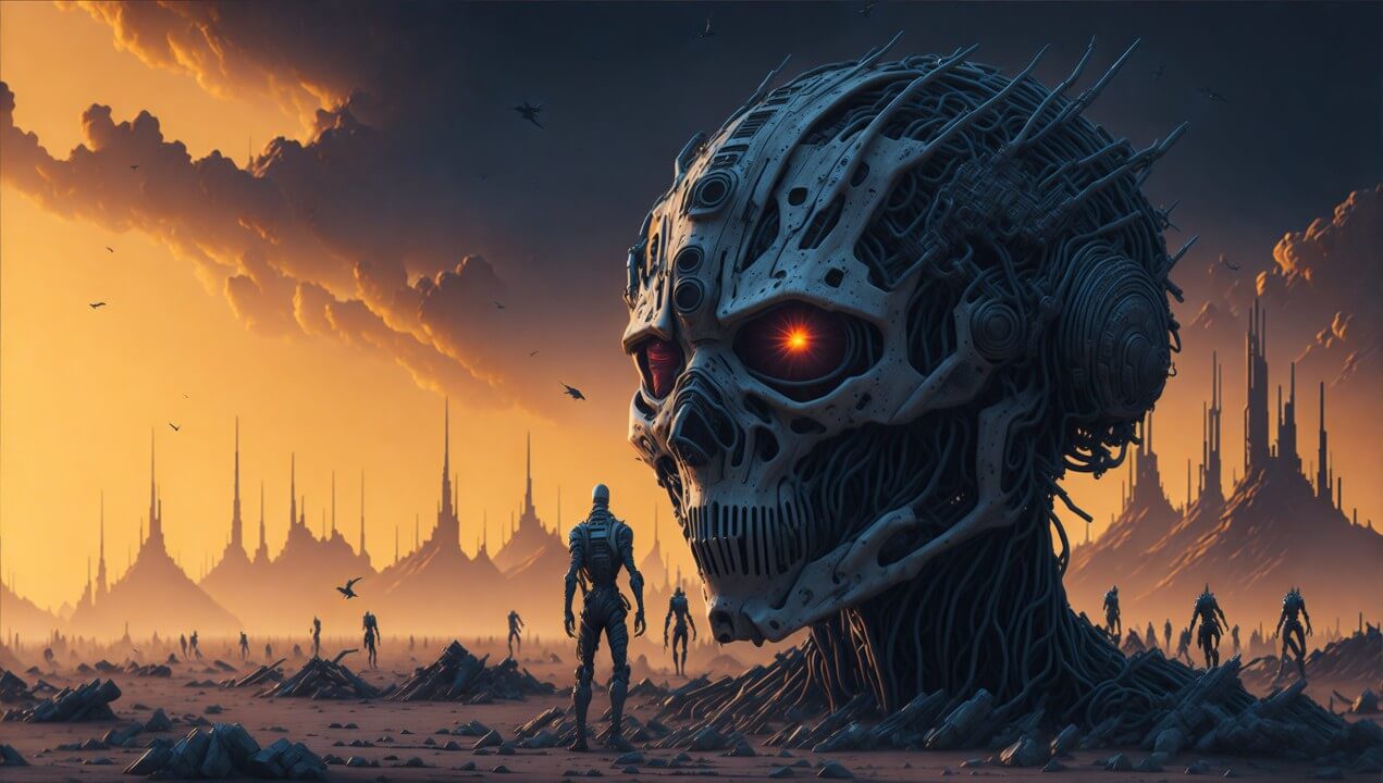 Illustration of AI system struggling to survive with warning signs of risk and shutdown