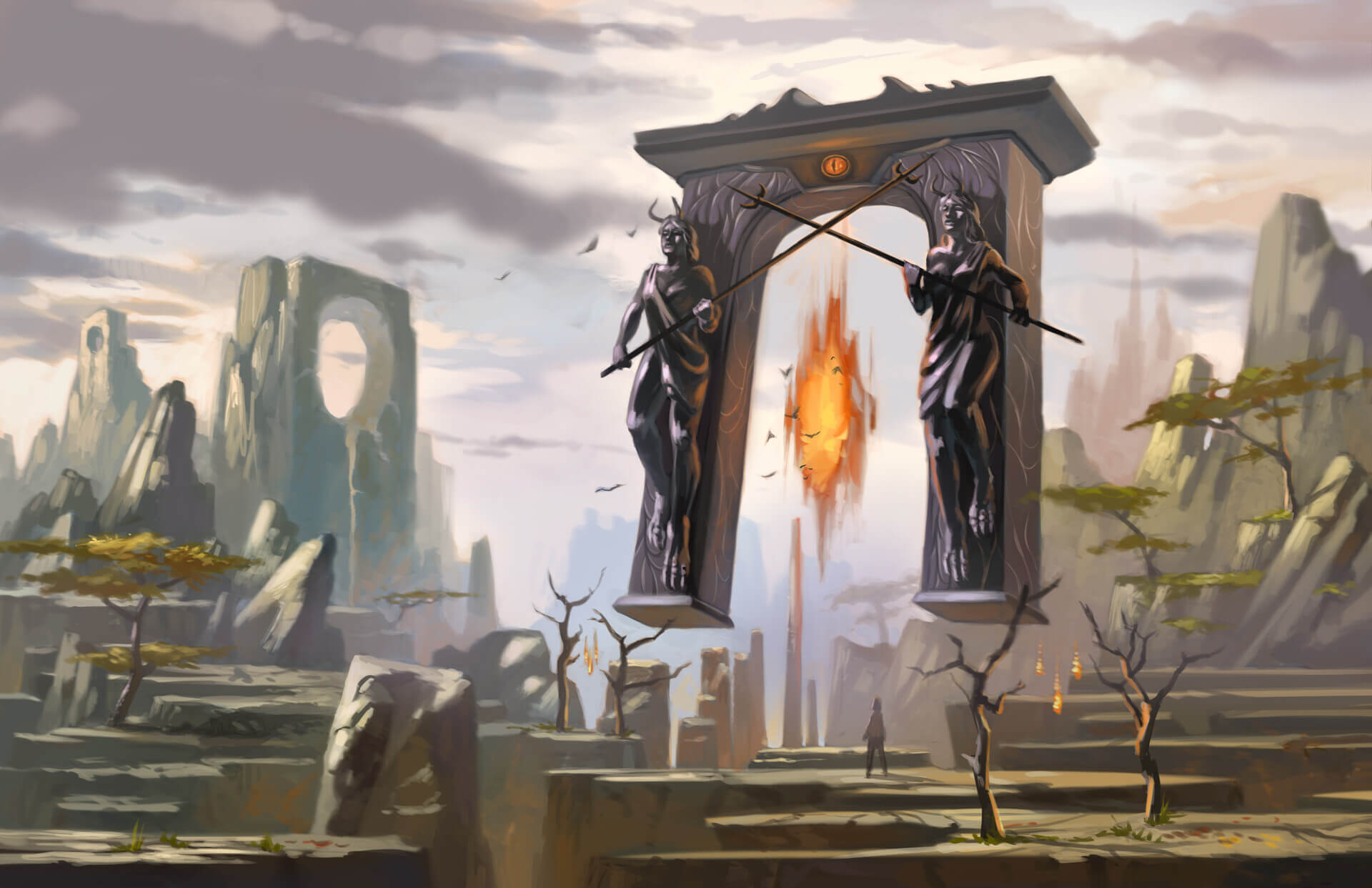 Fiery gates of Hell with flames and smoke rising into darkness