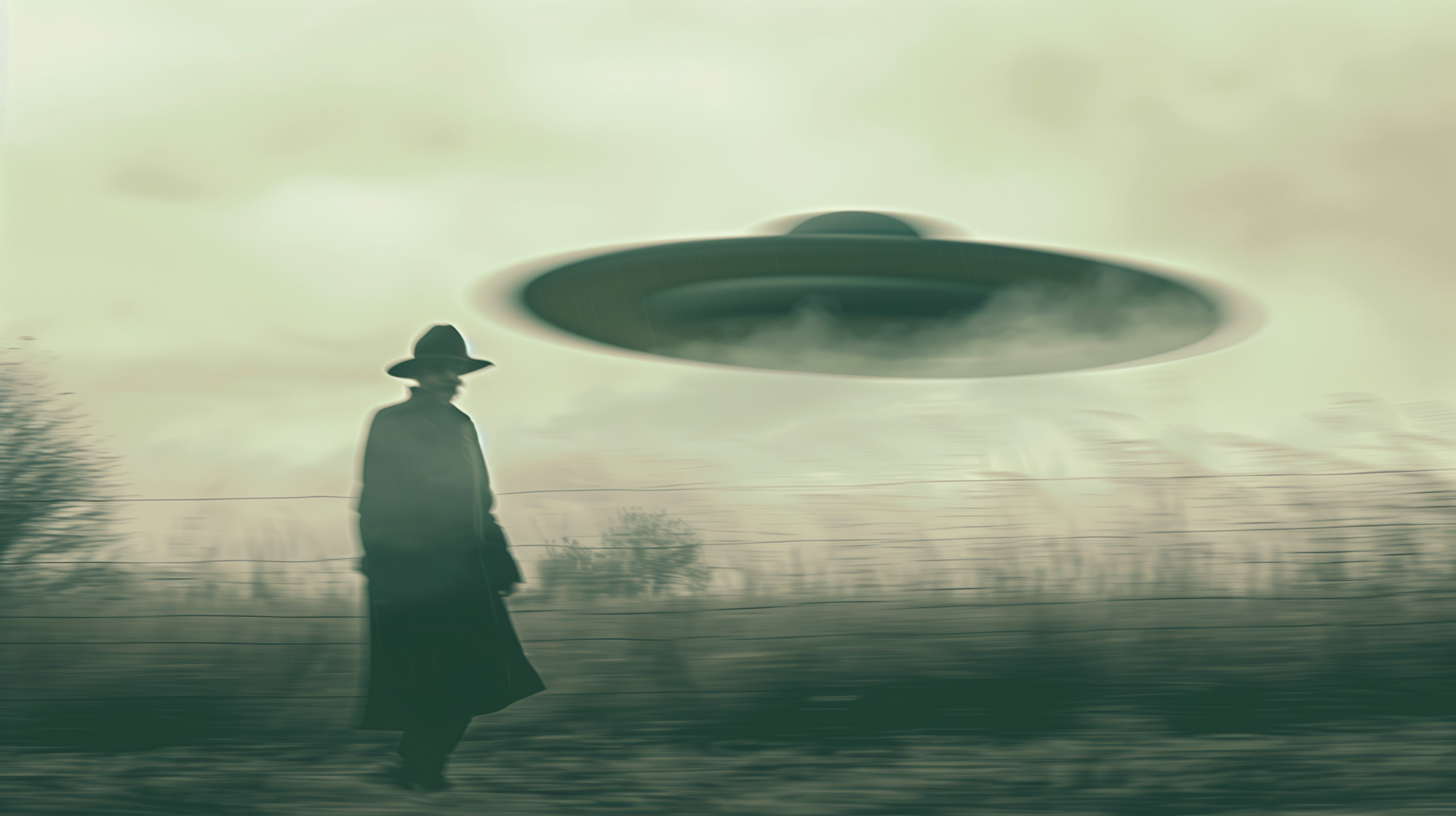 A lone man standing on a road staring at a UFO hovering in the stormy sky