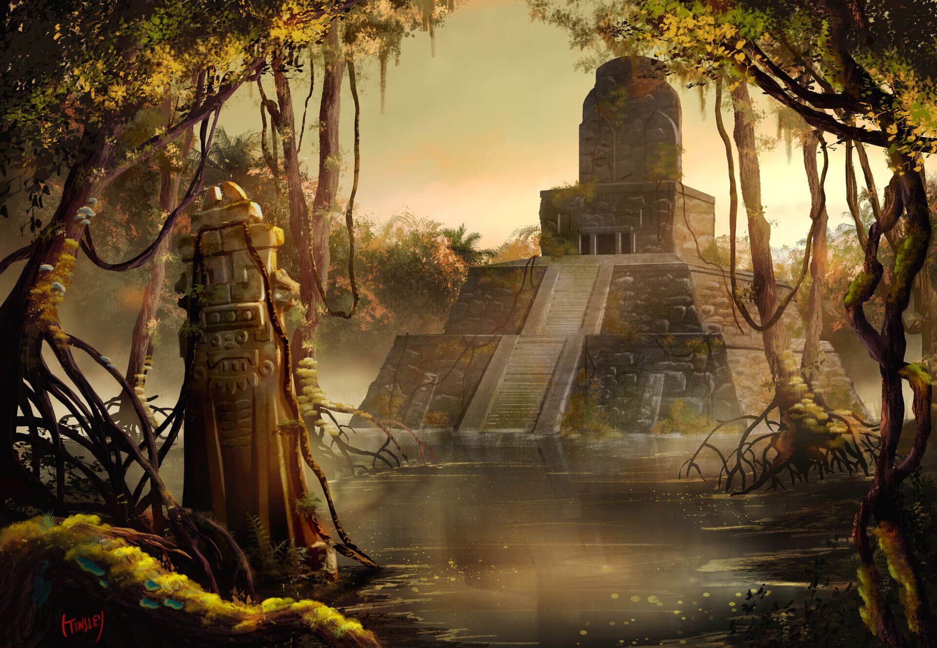 Maya ancient god concept art with glowing eyes and feathers by Caleb Tinsley