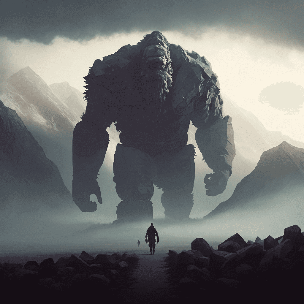 Ancient Nephilim giants standing tall with mysterious ruins in the background