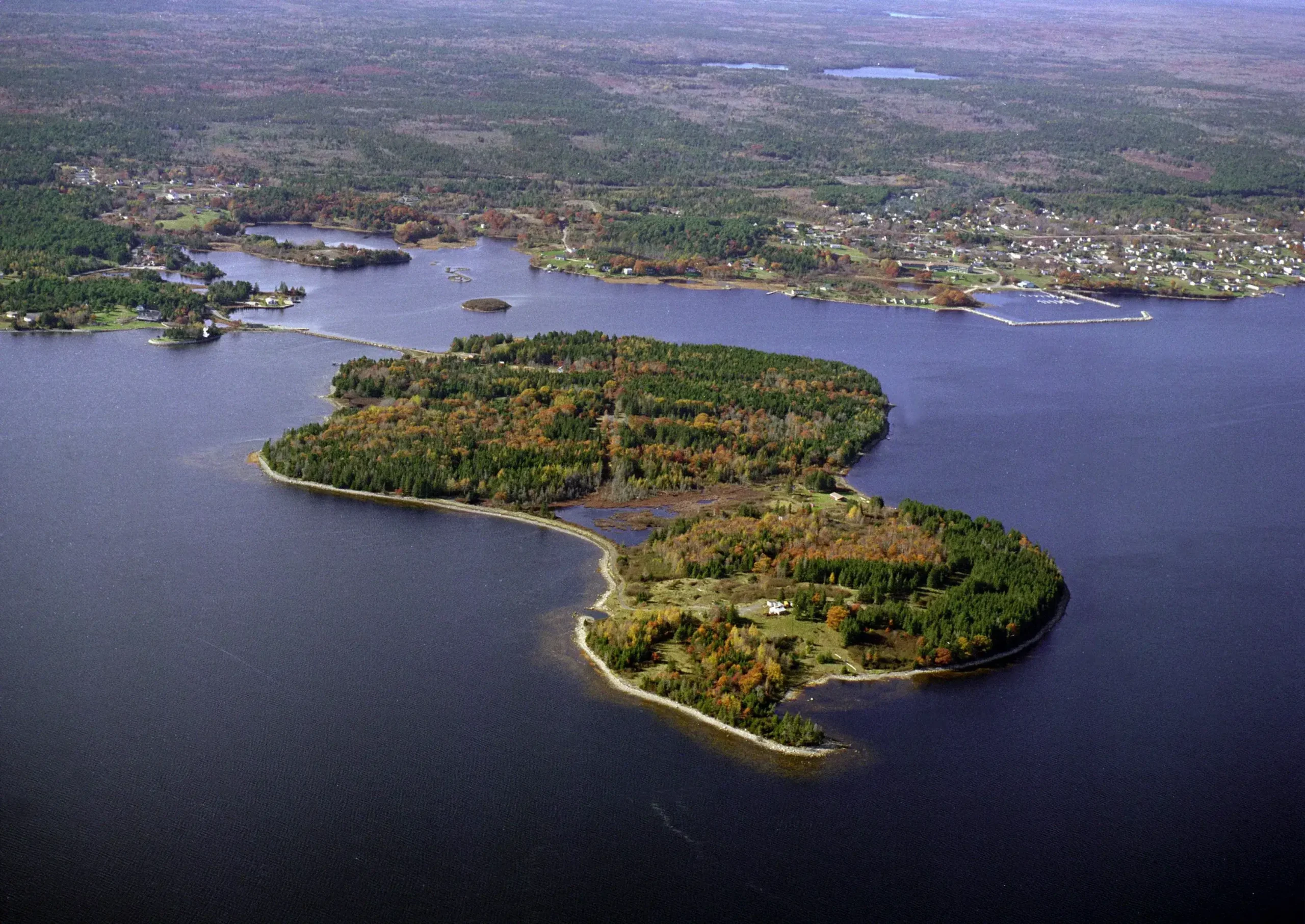 Aerial photo of Oak Island with forest and excavation areas related to the treasure mystery.