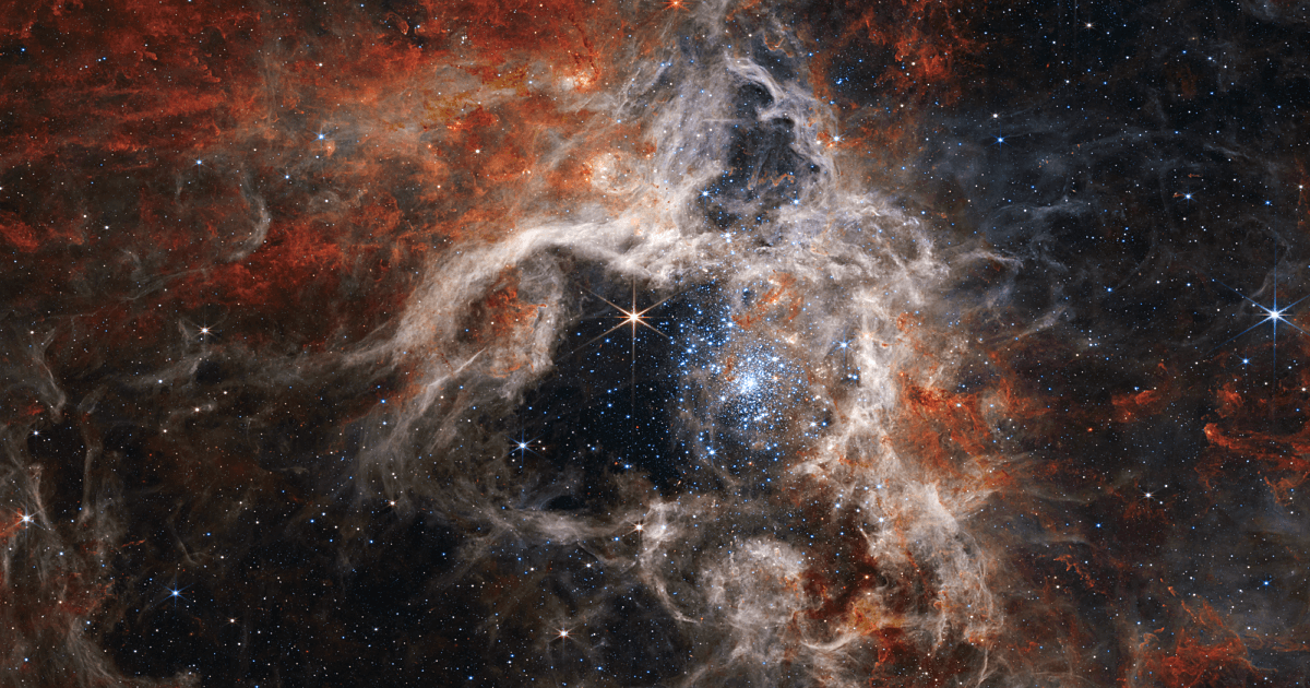 Tarantula Nebula captured by the James Webb Space Telescope showing intricate cosmic gas and dust structures