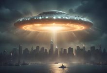UFO hovering in night sky with eerie light beam over landscape