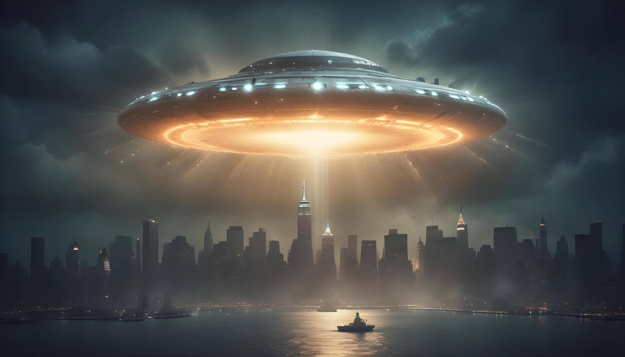 UFO hovering in night sky with eerie light beam over landscape