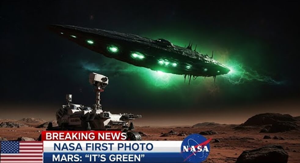 Mars rover spotting a glowing green object on the Martian surface linked to 3I/ATLAS