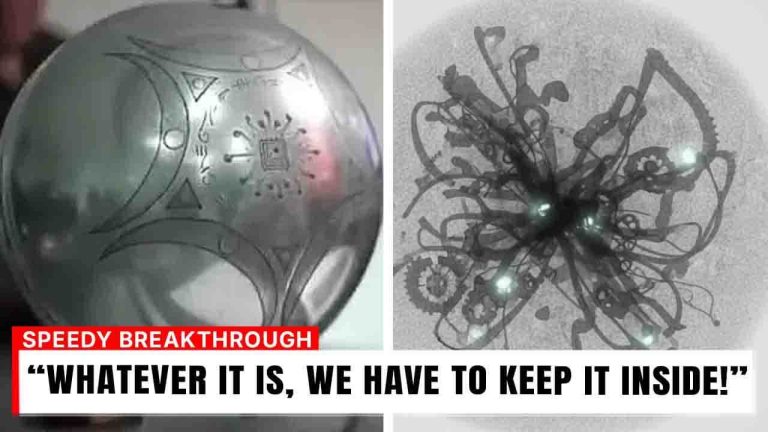 Clear MIT X-ray showing the internal structure of the Buga Sphere with microspheres, fiber strands, and a central core.