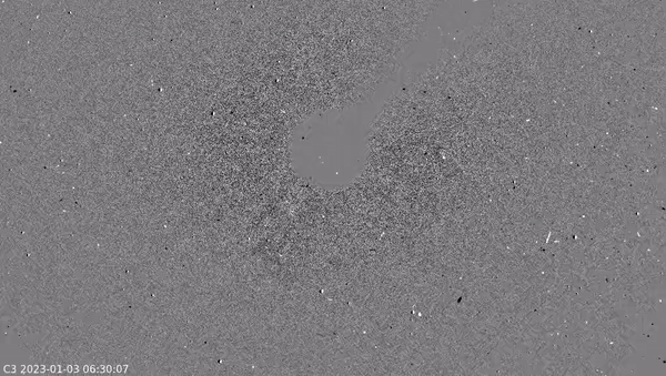 A powerful coronal mass ejection erupting from the sun pictured by the Solar and Heliospheric Observatory (SOHO). 