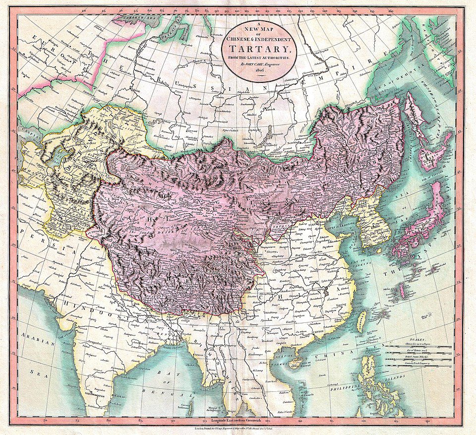 Cary's Map of independent Tartary (in yellow) and Chinese Tartary (in violet), in 1808.
