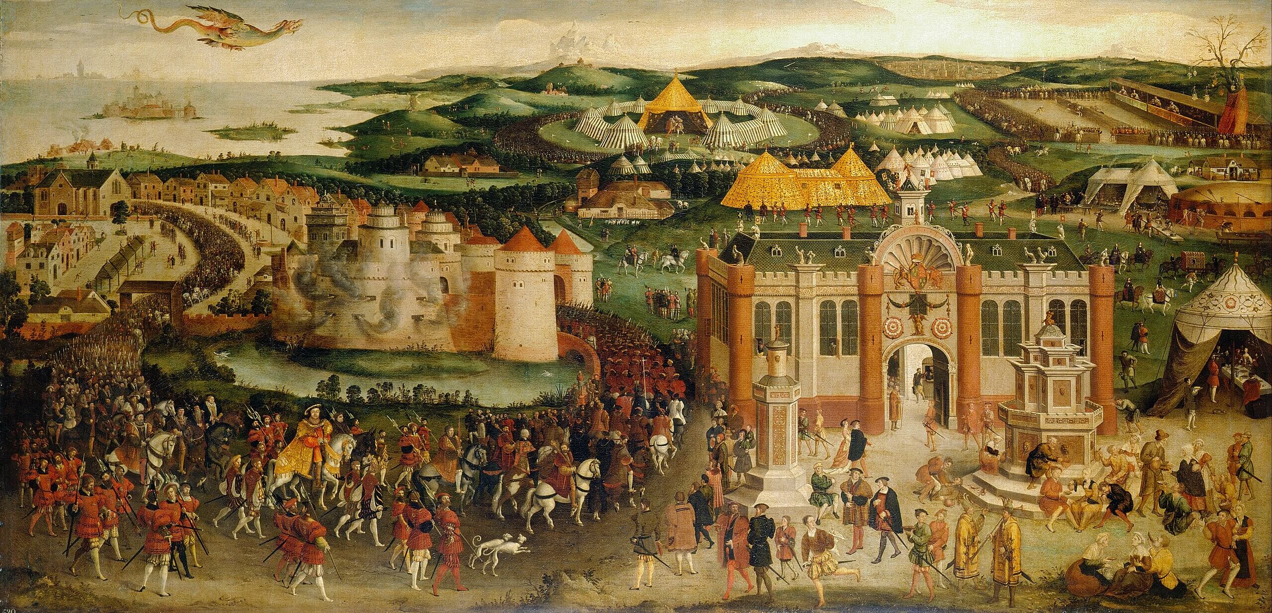 The meeting of Francis I and Henry VIII at the Field of the Cloth of Gold in 1520.