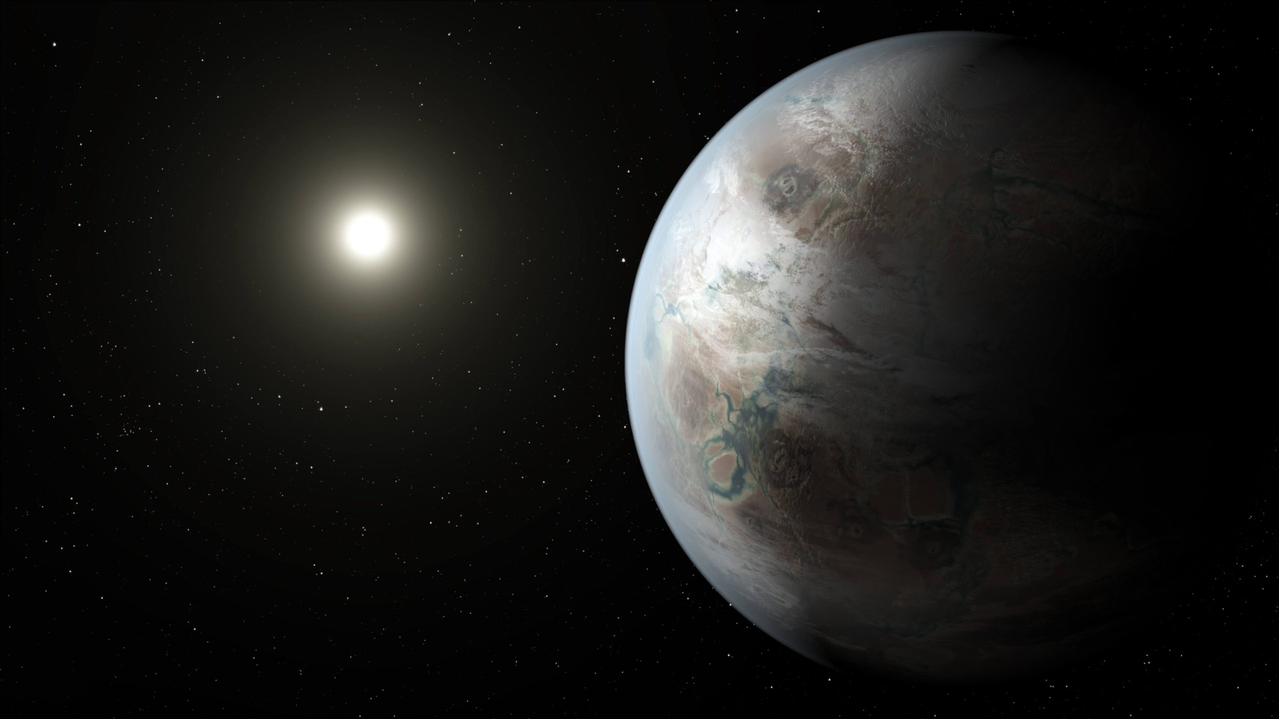 Artist's impression of Kepler-452b (centre), depicted here as a rocky planet in the habitable zone with extensive cloud cover. The actual appearance and composition of the exoplanet is unknown.