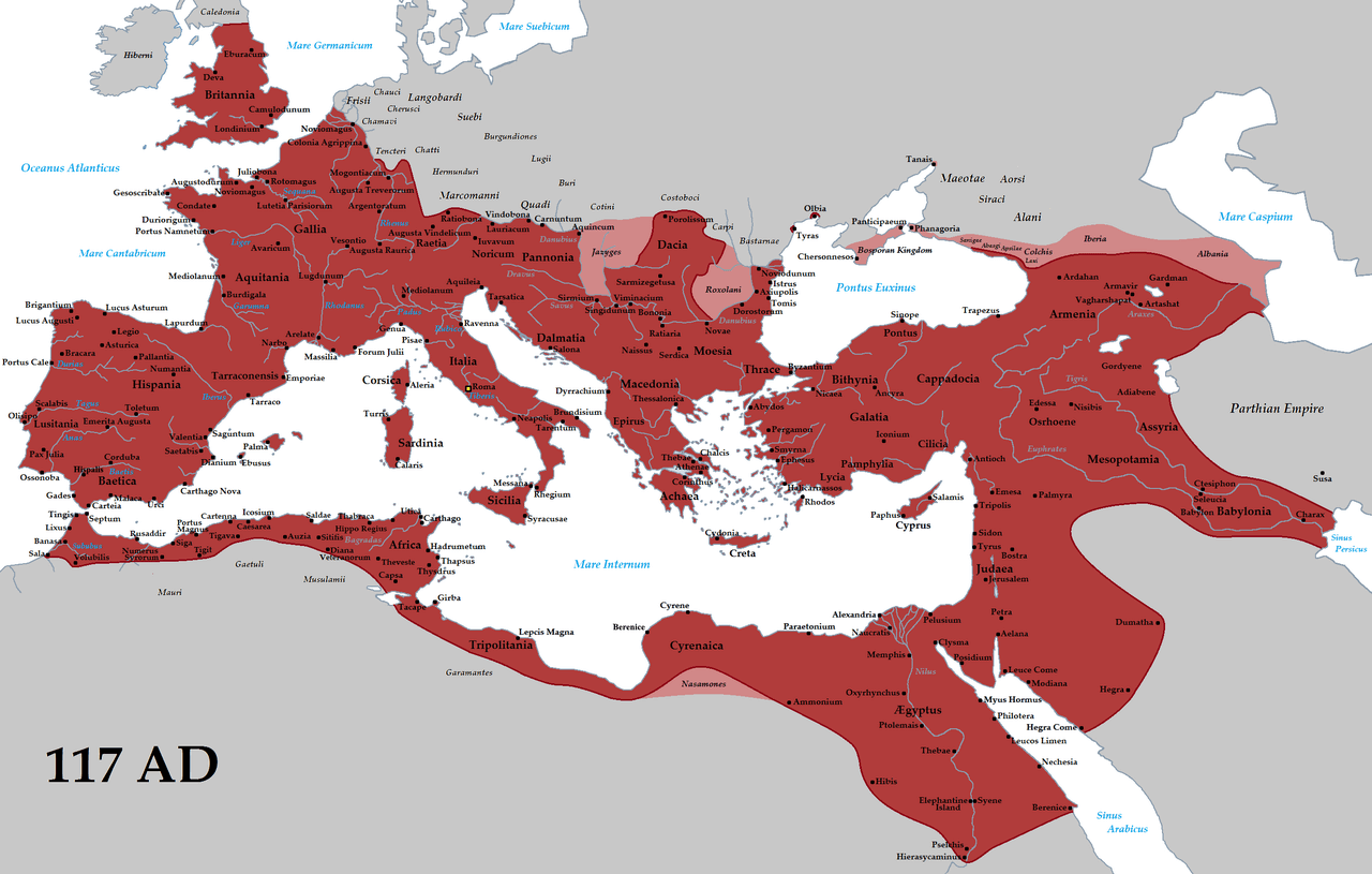 Roman Empire in AD 117 at its greatest territorial extent, at the time of Trajan's death. 
