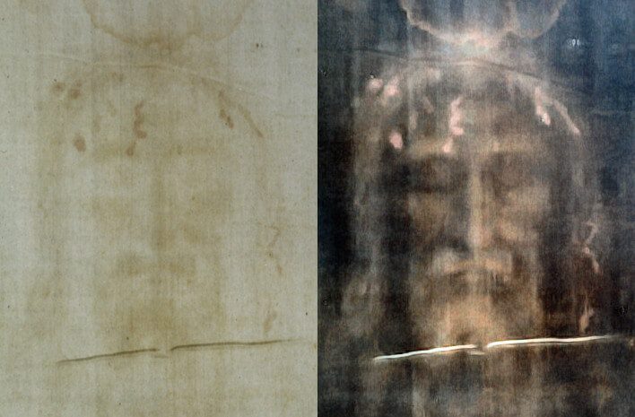 The Shroud of Turin: modern photo of the face, positive (left), and digitally processed image (right).