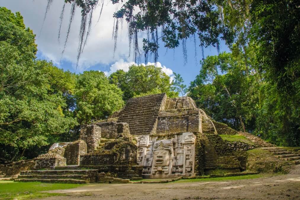 Temple of the Masks in Lamanai, one of the oldest continuously inhabited archaeological zones in the Maya world. 