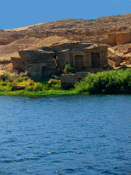 Rock temples cut directly in the rocks at the Silsileh quarrying site, near Aswan. 