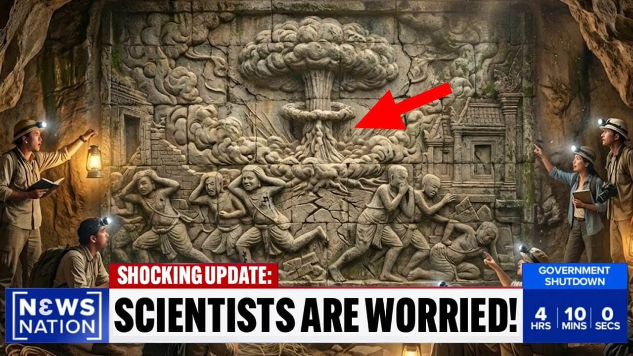 Ancient rock carvings near Los Alamos resembling nuclear explosion symbols in cave wall