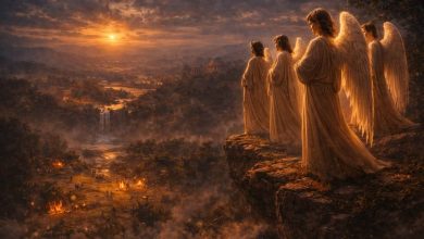 Four angels on a hilltop watching over the earth.