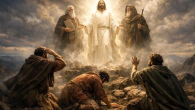 Jesus’ resurrection with divine light behind Him as Enoch and Moses stand nearby while people pray.