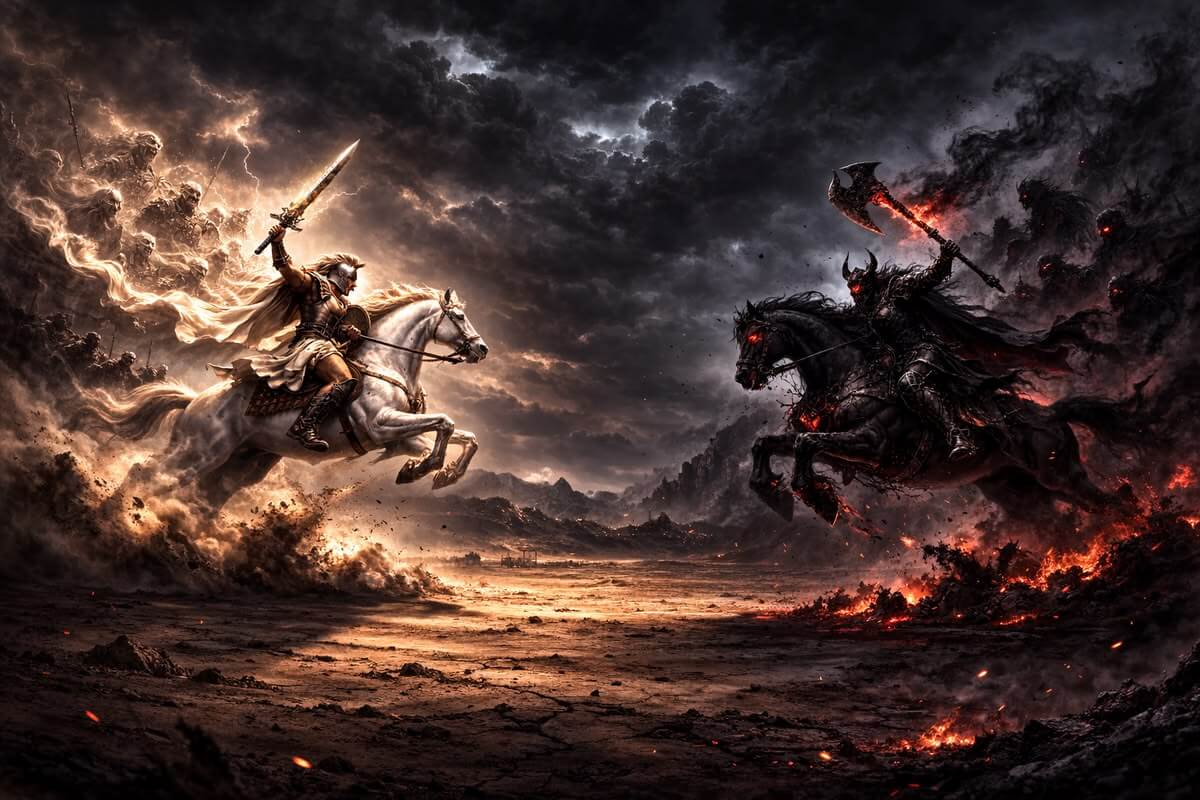 Biblical war of good versus evil with horse riders.