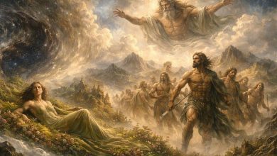 Ancient Greek gods scene with a woman lying in a beautiful field, Zeus in the sky, and warriors on the ground.