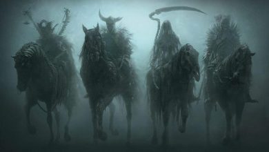 The Four Horsemen riding across a dark apocalyptic sky.