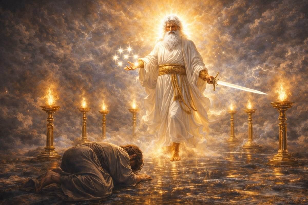 Heavenly Father and a boy in a divine heavenly atmosphere.