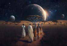 African tribe under a star-filled night sky.