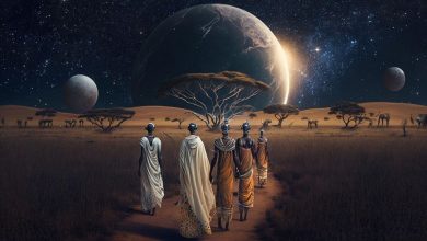 African tribe under a star-filled night sky.