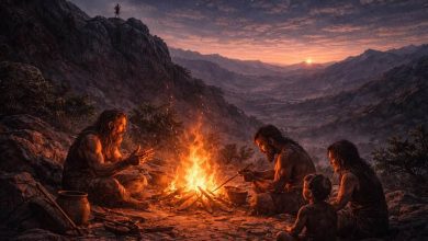 A group of hunter-gatherers sitting around a fire at night with mountains and a starry sky in the background.