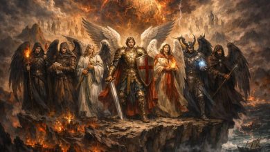 Angels standing side by side before the Great Flood.