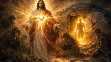 Jesus Christ with divine light and a family praying.