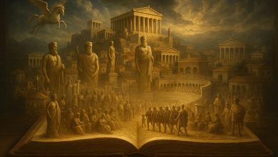 Ancient Greece monuments rising from an open history book with glowing ruins, marble columns, and a mythical atmosphere.