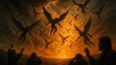 Artist imagination of an angel descending from heaven.