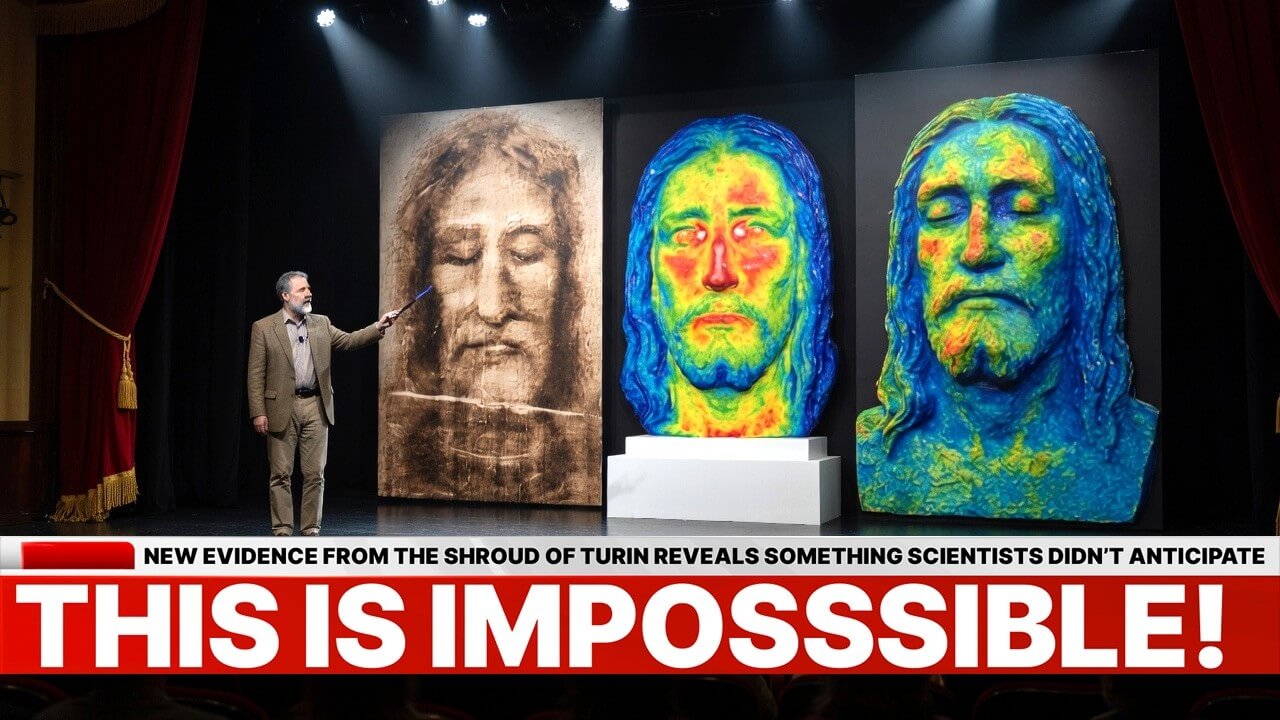 The Shroud of Turin showing the faint image of a man with visible marks of trauma