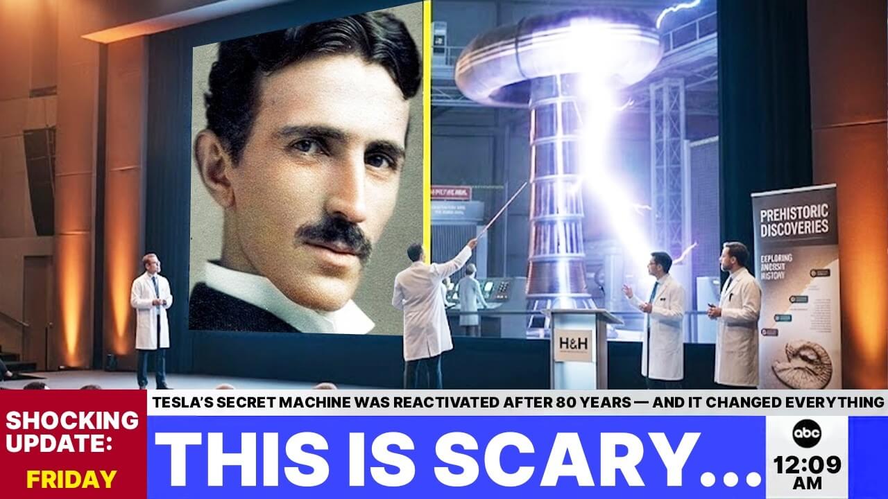 Abandoned laboratory with an old Tesla-style machine suddenly reactivated, emitting strange energy pulses in a dark industrial room.