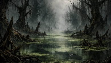 Dark murky swamp under a cloudy sky.
