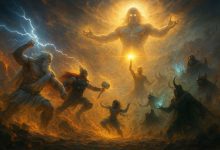 Ancient gods clashing in a celestial battle, wielding glowing weapons and elemental powers amid a storm-filled sky.