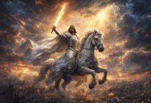 Jesus in the Second Coming on a horse holding a golden sword.