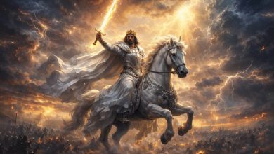 Jesus Christ returning at the Second Coming, riding a white horse, holding a flaming sword, surrounded by divine light from behind