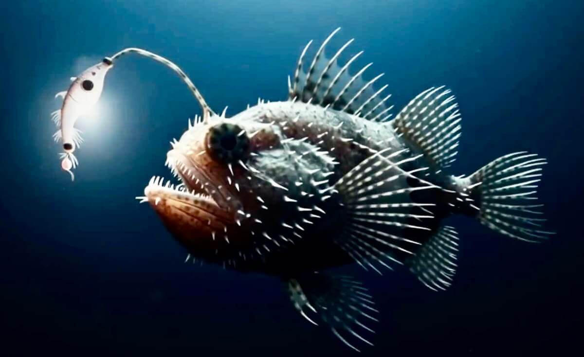Alien-like fish hunting in the deep sea.