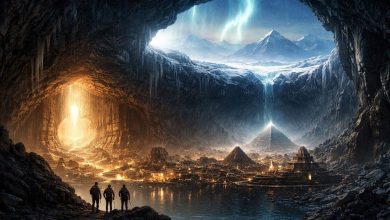 Ancient world map fading into hidden symbols and cosmic imagery