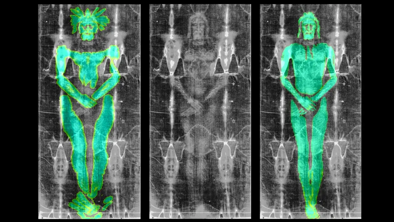 Overlay of the textures created by 3D models of a human body (left) and a low-relief model (right) onto the Shroud of Turin (centre). 