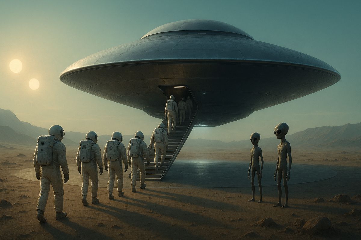 Soldiers boarding a UFO spacecraft while two alien figures stand nearby beside the vessel.
