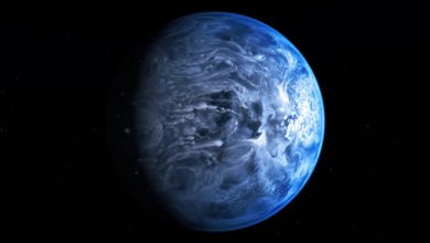 An artist’s rendering of the exoplanet K2-18b, a potentially habitable Earth-like world.