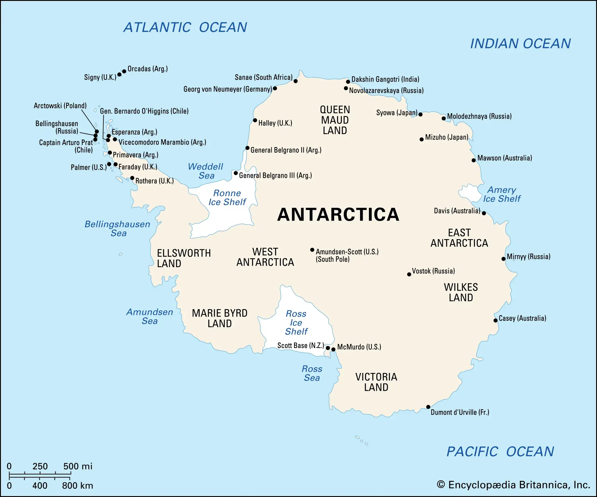 Map of Antarctica showing regions and research stations.