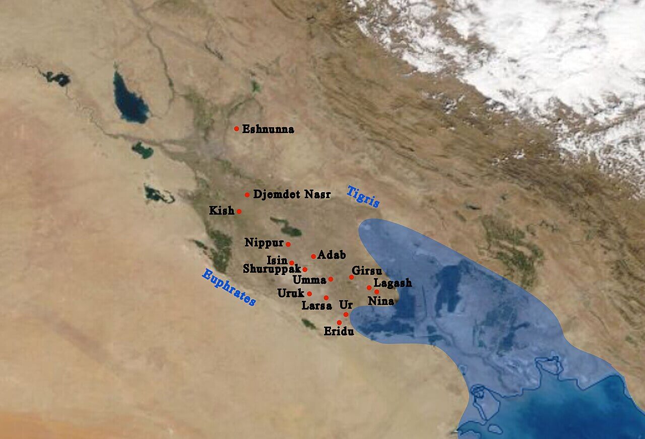 Map of ancient Sumer showing major cities and coastline compared to the modern Middle East