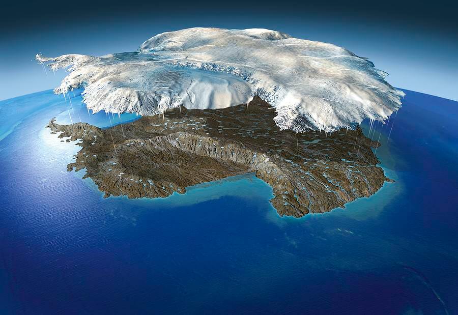 Antarctica shown as an ice-covered continent at the bottom of Earth.