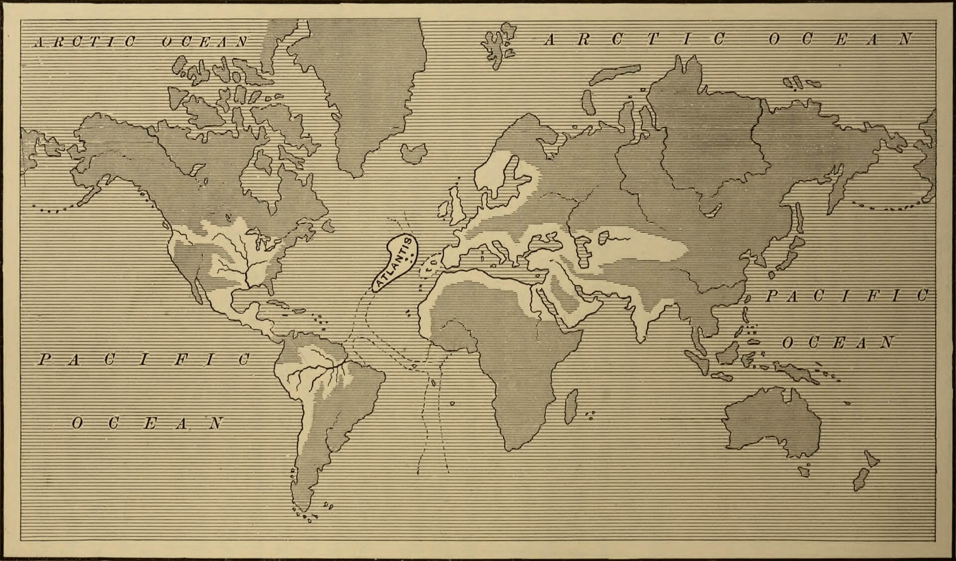 Map showing the supposed extent of the Atlantean Empire from an 1882 book.